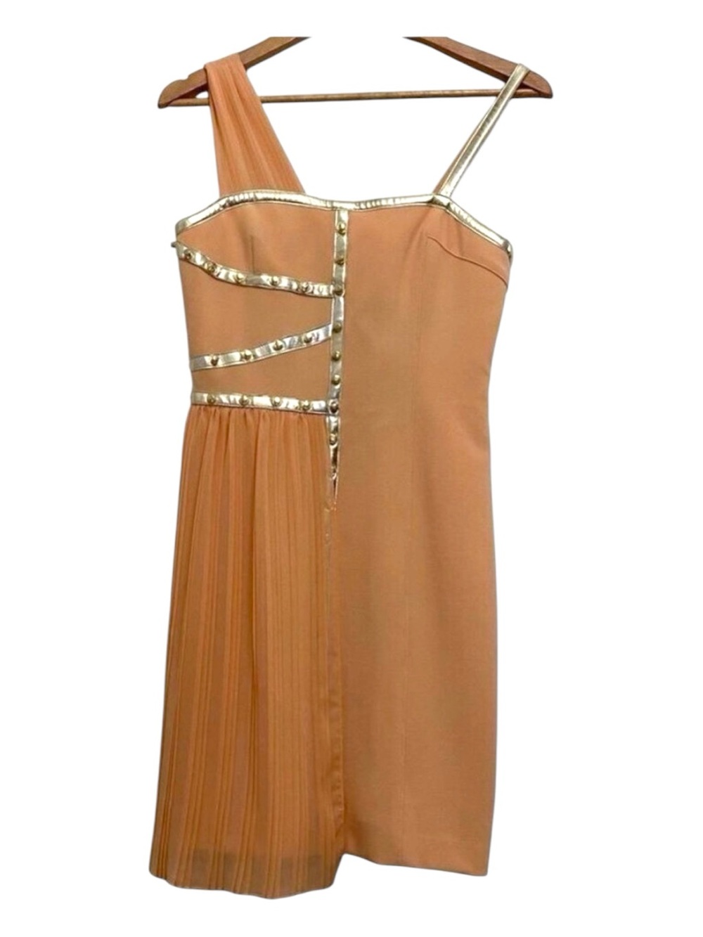 TENAX mini dress pleated peach gold studded asymmetric flattering stretchy 42